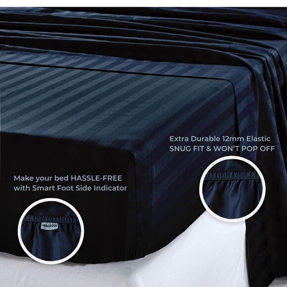 Split Queen Sheets Adjustable Bed Cotton-Deep Pockets-5 Pcs Navy Blue Stripe NEW - Picture 3 of 6